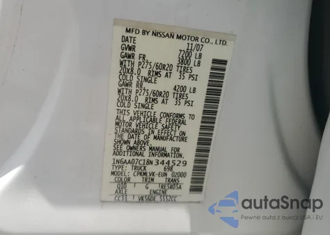 2008 Nissan Titan Xe z USA, uszkodzony, nr VIN 1N6AA07C18N344529